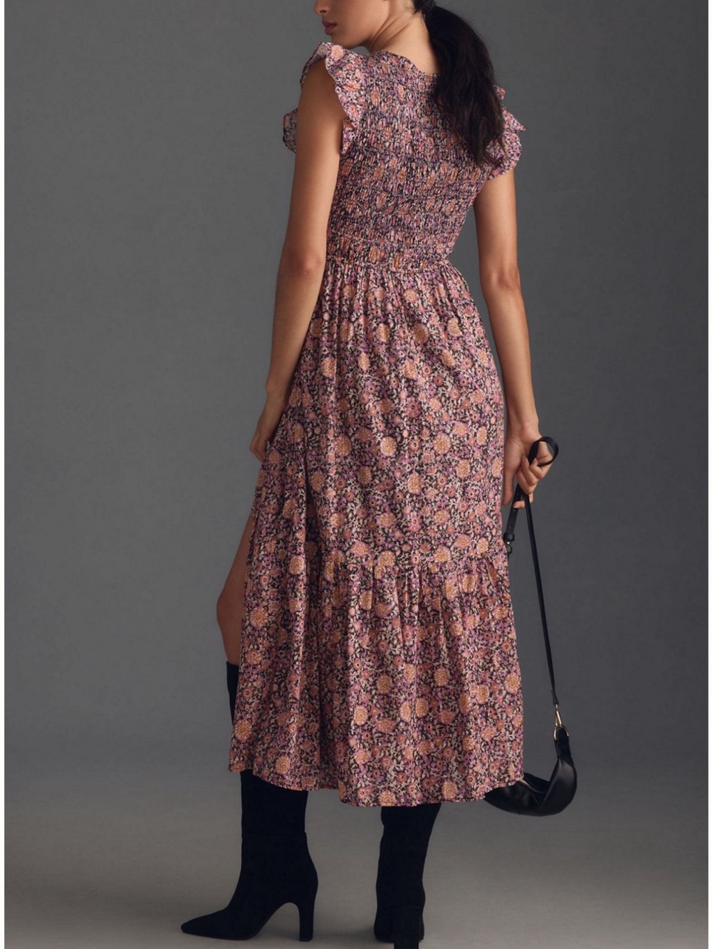 Anthropologie Mauve Floral Smocked Midi Dress - Picture 2 of 5